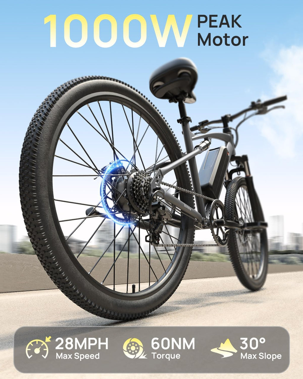 QRONGE Electric Bike for Adults, Full Suspension Ebike, 1000W Peak Motor 486Wh Battery, 28MPH(PAS Mode) Mountain Electric Bicycles, 26'' Tire, 7 Speed, Up to 70 Miles, Zephyr