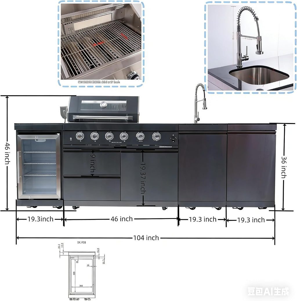 104 Inch Deluxe Stainless Steel Natural Gas Outdoor Kitchen Island Grill - 4-Burner 72000 BTU, 4 modular units for flexible and versatile combinations, For Patio, Lawn, Backyard, Black