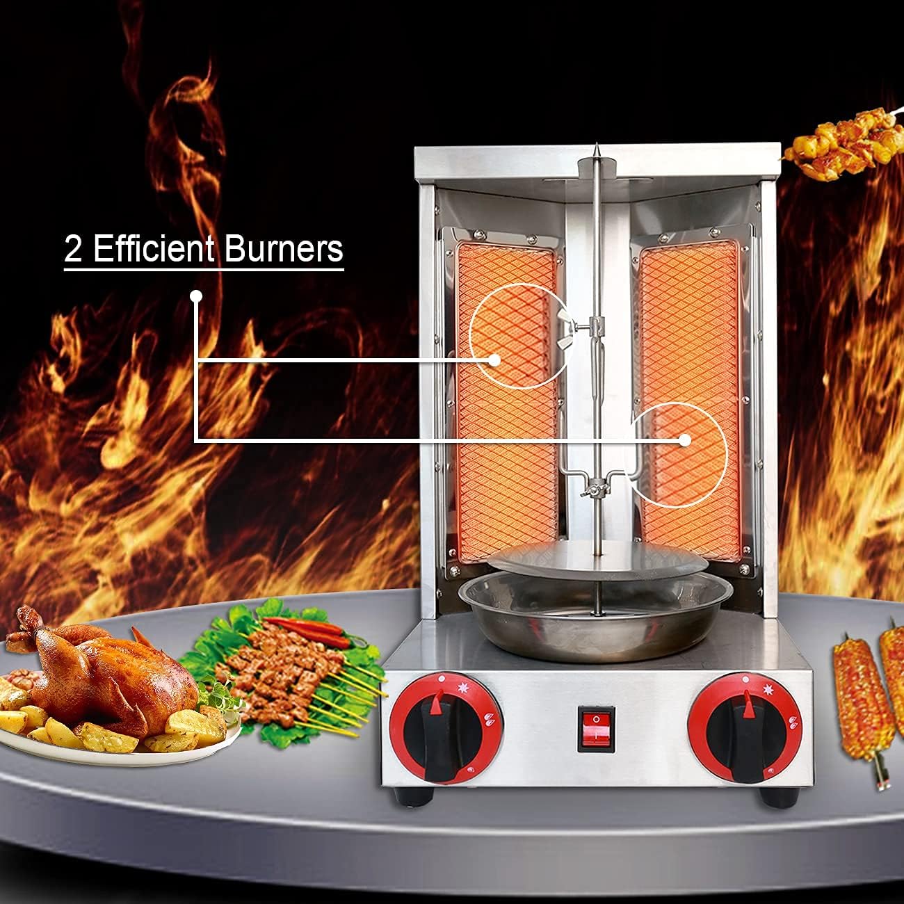 Shawarma Grill Doner Kebab Machine Gas Gyro broilers Rotating Home Vertical Rotisserie with 2 Burners 110V for Chicken Roast,Turkey Roast,Tacos,Roast,（Registered Design Patent）