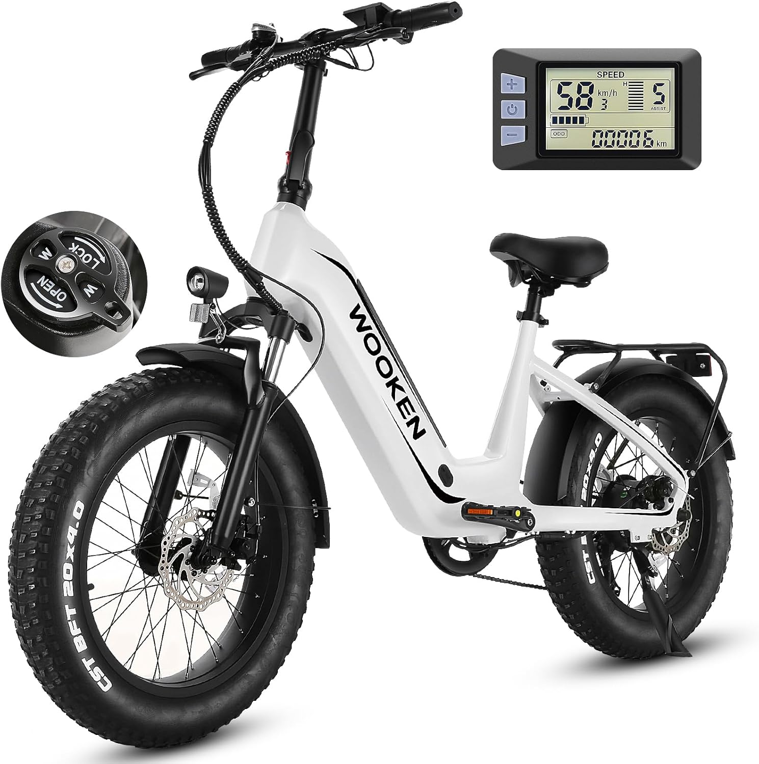 Wooken Electric Bike for Adults, 500W Motor Ebike,20'x4.0' Fat Tire Electric Bike,48V 624WH Removable Lithium-ion Battery,Up to 60 Miles,Step-Thru Electric Mountain Bike,SGS Certified to UL 2849