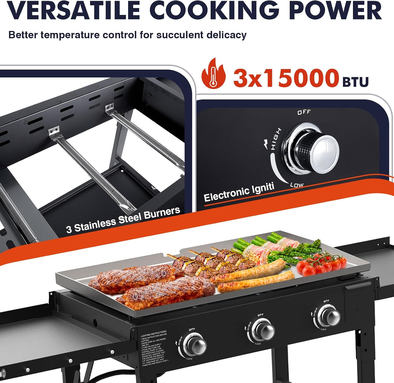 Llamaviva 3 Burner 35' Flat Top Grill with Foldable Shelves 45000 BTU Outdoor Griddle for Propane High-Pressure Systems Portable BBQ Grill