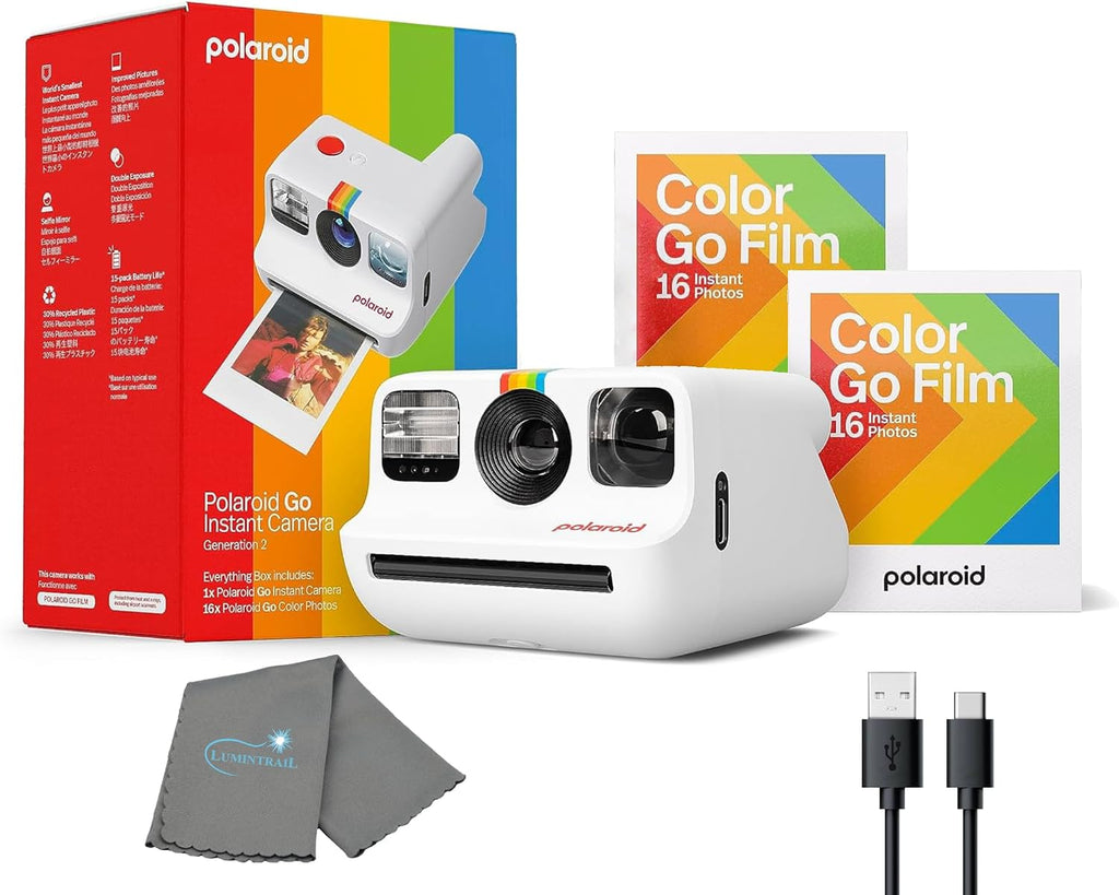 Polaroid Generation 2 Go Instant Mini Camera Starter Set, White with 32 Polaroid Go Color Instant Film Bundle, Lumintrail Lens Cleaning Cloth
