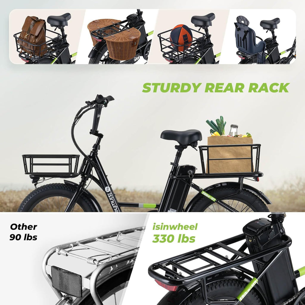 isinwheel U7 E Bike for Adults Electric Bike with Dual Cargo Rack, 48V 1000W Peak Ebikes for Adults, 7 Speed Gear, 20mph Step Thru Cruiser Electric Bicycles, 20' × 3' Fat Tire Ebike