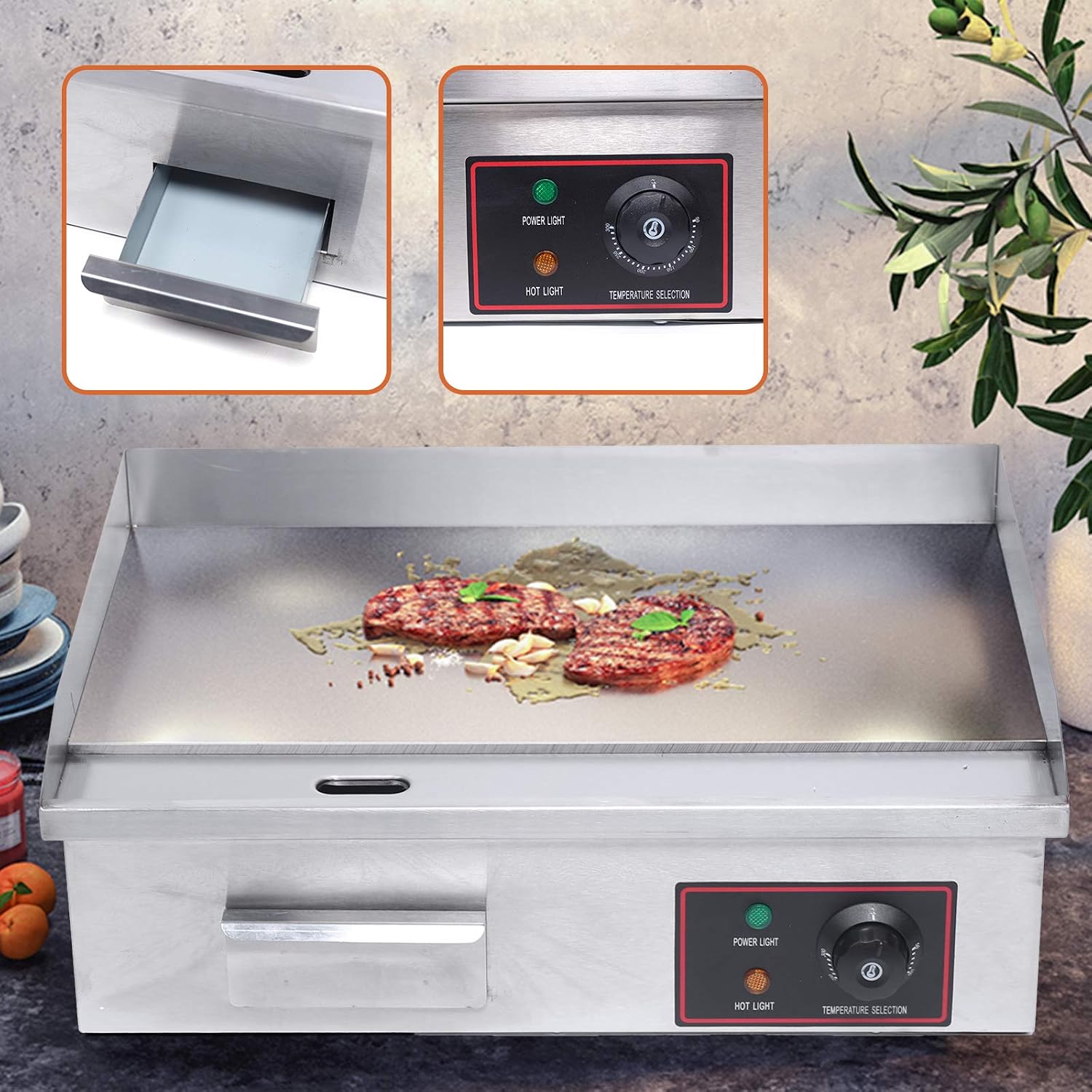 22'Commercial Electric Griddle Electric Countertop Griddle 1600W Restaurant Grill BBQ Flat Top Stainless Steel Long Griddle Electric Nonstick Adjustable Thermostatic Control for Kitchen 110V