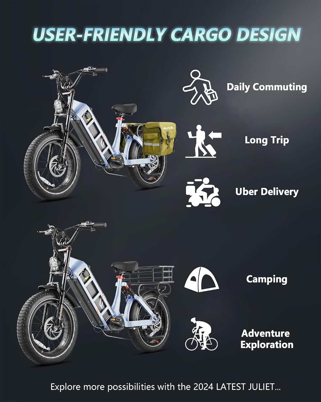 eAhora Juliet Pro 2/Juliet 2/Juliet Electric Bike for Adults 43Mph Peak 5400W/1700W/1200W Dual Motor Ebike 60V-52V 70Ah-60Ah 200+Miles Long Range Fat Tire Full Suspension Mountain Bike, E Bike