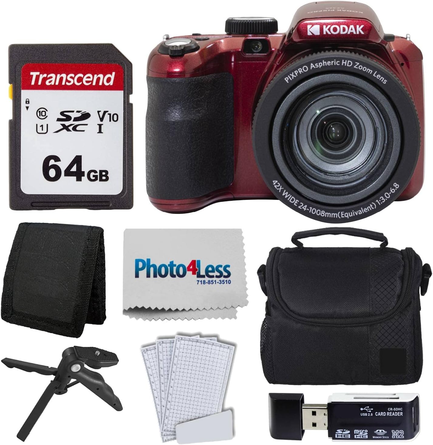 Kodak PIXPRO AZ425 Digital Camera + 64GB Memory Card + Camera Case (Black) + USB Card Reader + Table Tripod + Accessories (Red)