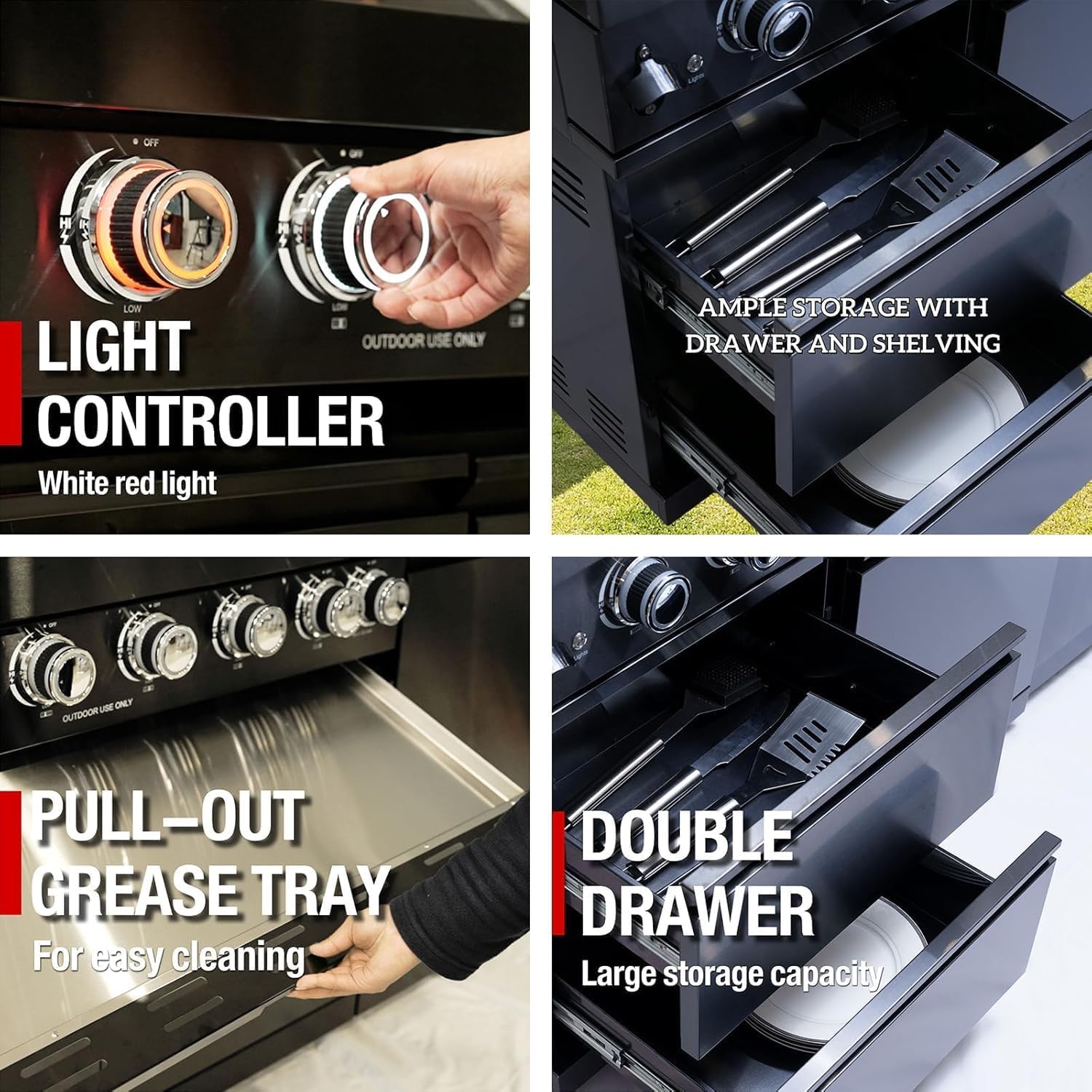 104 Inch Deluxe Stainless Steel Natural Gas Outdoor Kitchen Island Grill - 4-Burner 72000 BTU, 4 modular units for flexible and versatile combinations, For Patio, Lawn, Backyard, Black