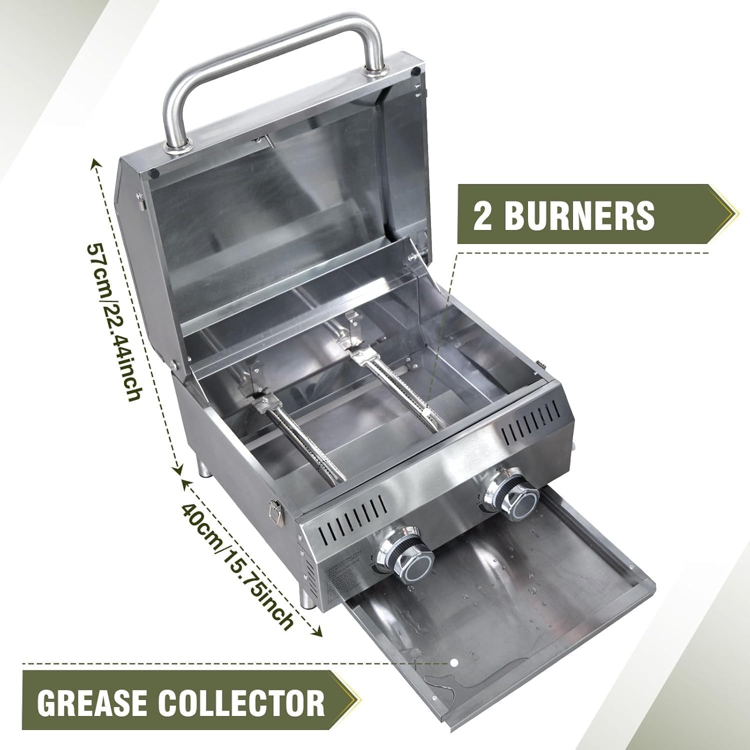 Llamaviva 2-Burner Tabletop Gas Grill with Outdoor Table, Portable Stainless Steel Cooking Station with Storage Shelves, Hooks, and Locking Wheels for Tailgating, Camping & Backyard BBQ