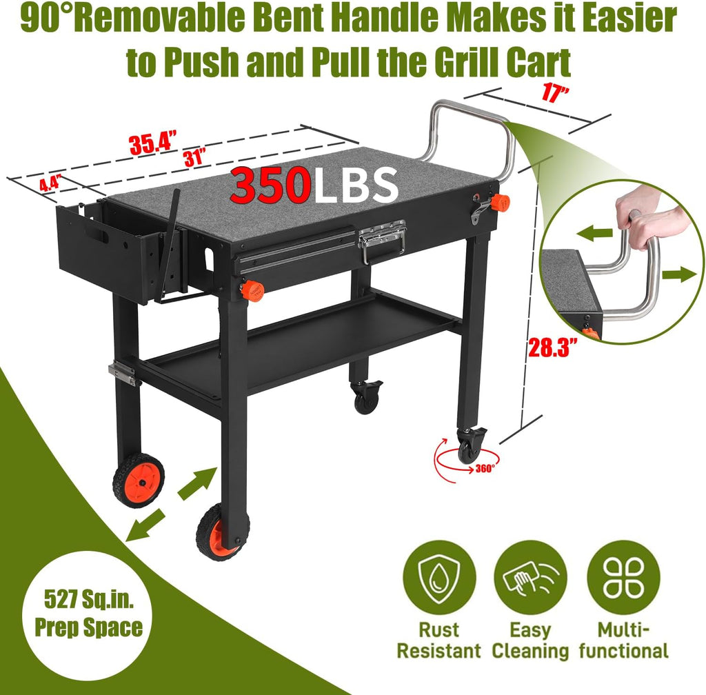 Portable Outdoor Grill Table, Blackstone Grill Stand Solid and Sturdy 31'W x 17'D, Movable Kitchen Cooking Prep BBQ Cart with Wheels, Folding Cart for Ninja, Blackstone Griddle 17'/22' etc
