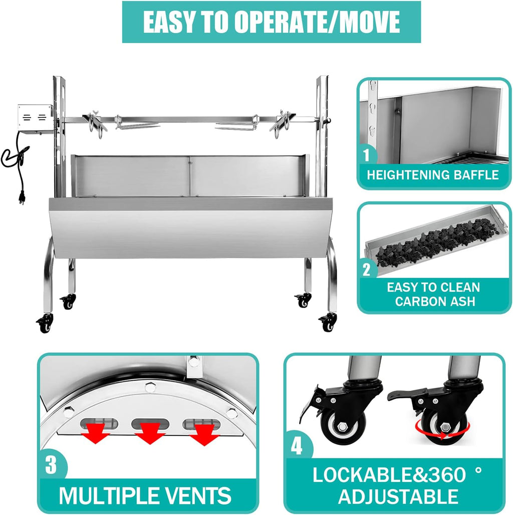176LBS Stainless Steel Rotisserie Grill with Wind Deflector, 25W Motor Small Pig Lamb Rotisserie Roaster, 46 Inch BBQ Charcoal Rotisserie Roaster Grill for Camping Outdoor Kitchen