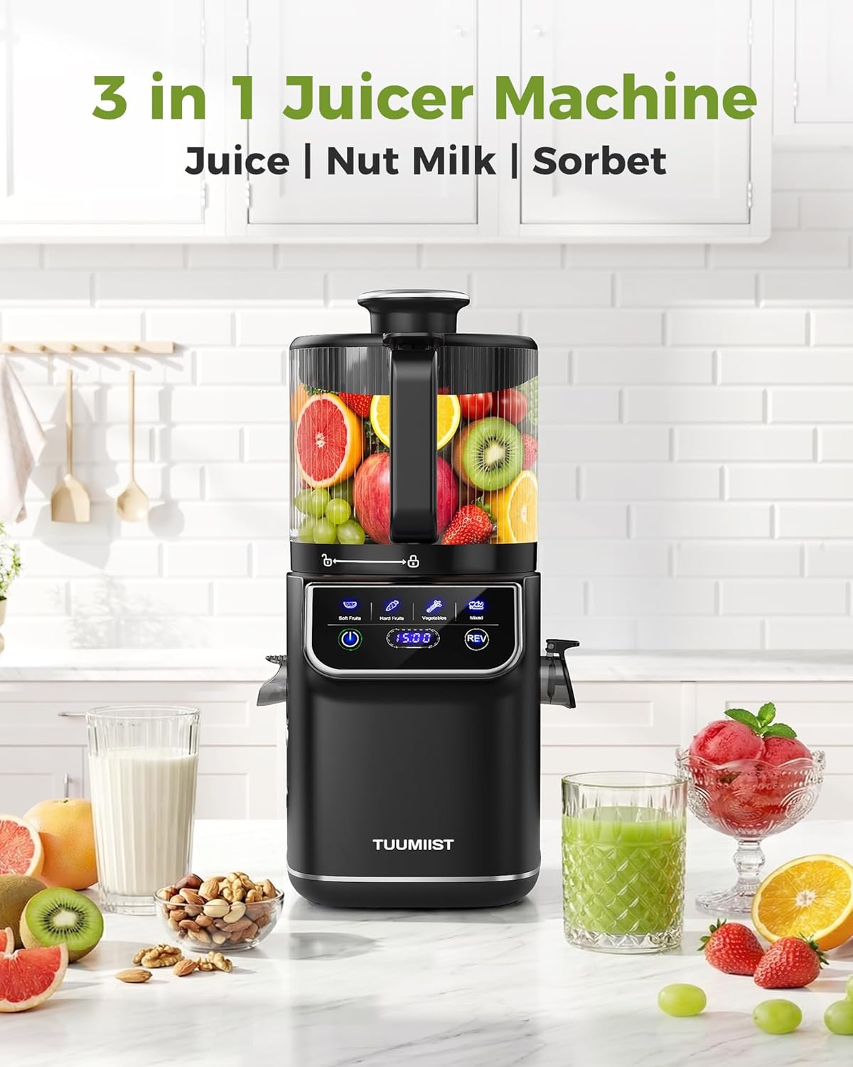 TUUMIIST 3-in-1 Cold Press Juicer Machine, Smart Touch Masticating Juicers for Whole Fruit & Vegetable, 6.5' Wide Chute Slow Juicer for Nut Milk & Sorbet, High Yield, 100oz Large Capacity, Easy Clean