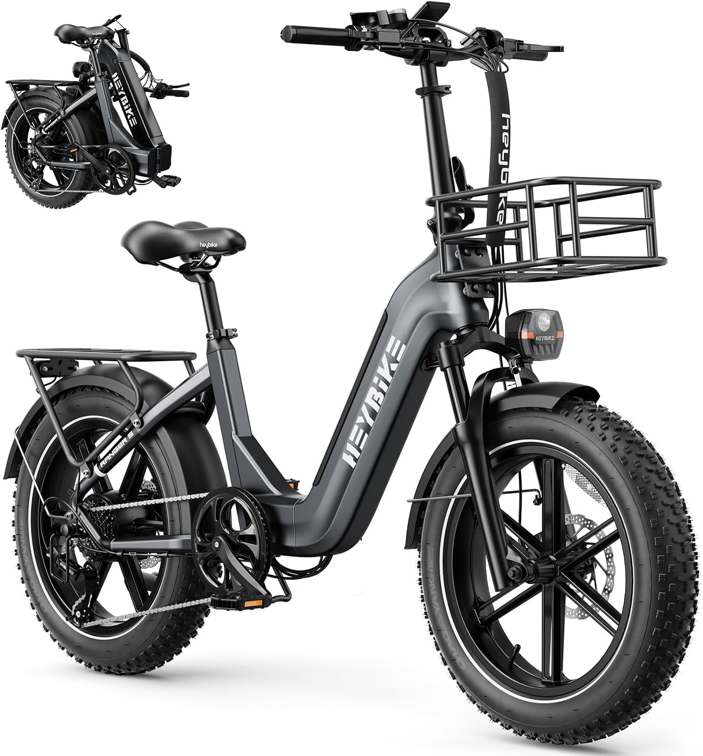Heybike Ranger 20'x4.0' Fat Tire Folding Electric Bike for Adults, 1200W/1800W Peak Motor, 28/32MPH, up to 55/90 Miles Range, UL2849 Certified Removable Battery for Commute Beach Mountain Snow E Bike