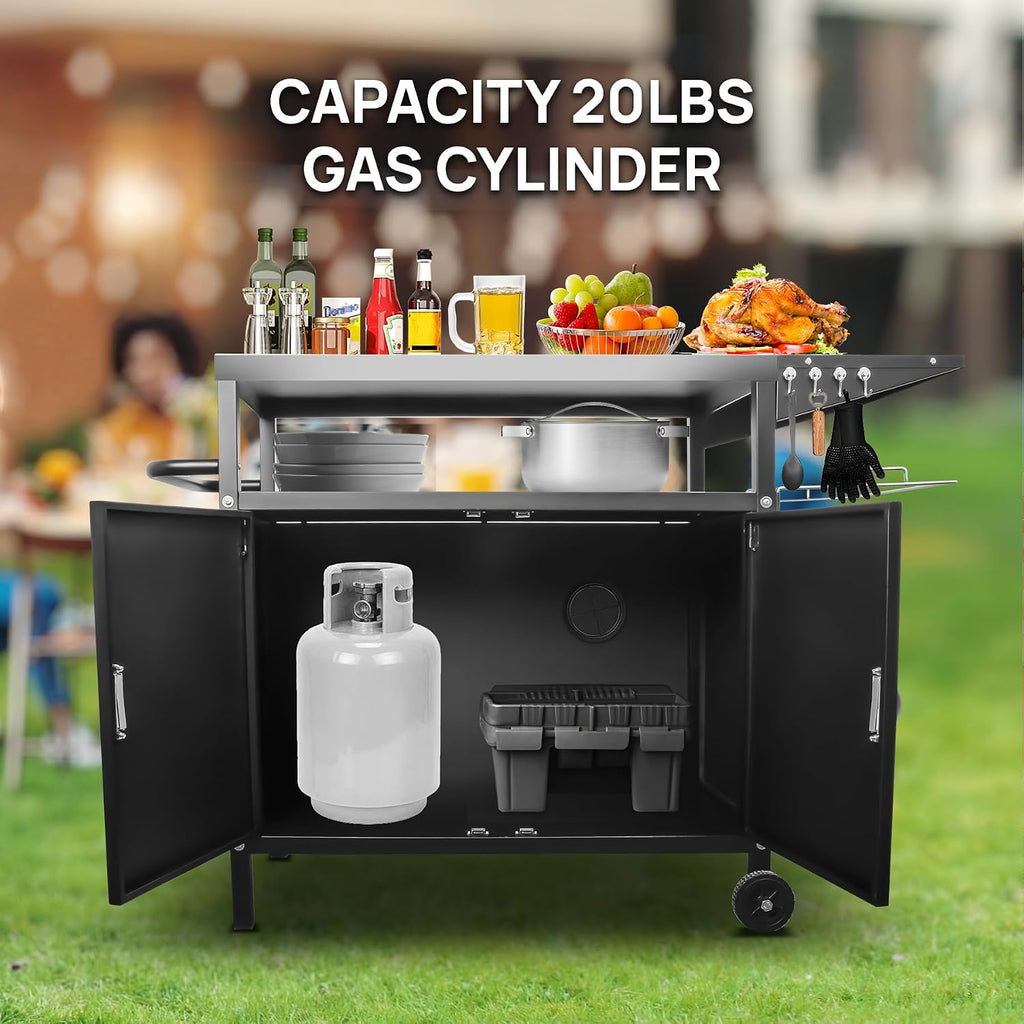 35' H Outdoor Grill Cart- Outdoor BBQ Prep Table, Lockable Wheels & Magnetic Cabinet for Patio, Backyard, Tailgating