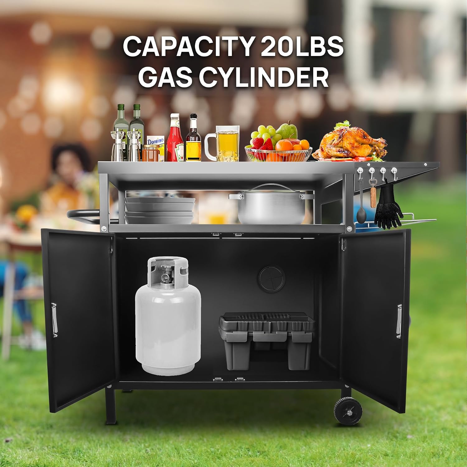 35' H Outdoor Grill Cart- Outdoor BBQ Prep Table, Lockable Wheels & Magnetic Cabinet for Patio, Backyard, Tailgating