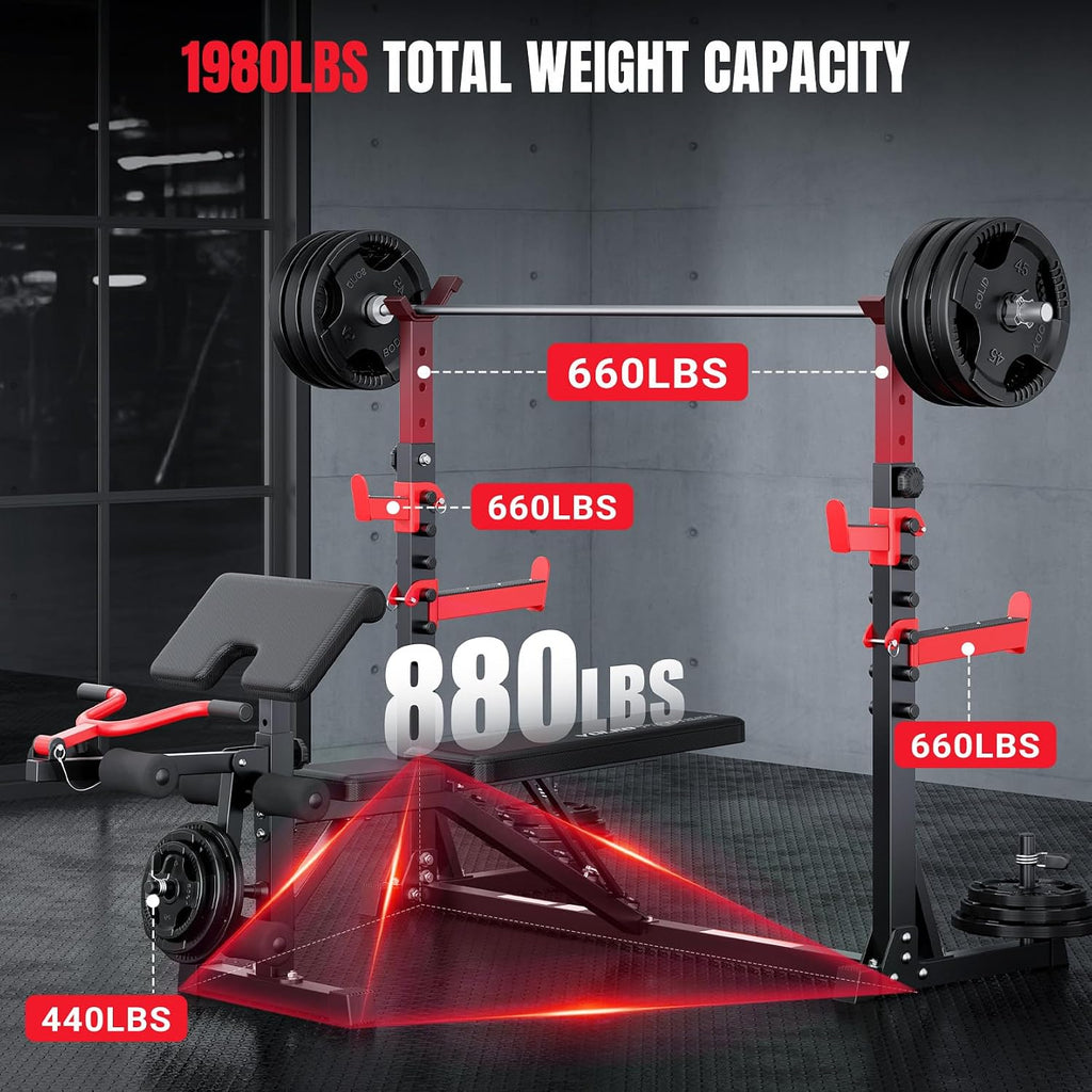 Yoleo Weight Bench with Rack - Bench Press Set, Leg Extension, Preacher Curl & Flat/Incline/Decline Full Body Workout Bench, Adjustable Olympic Weight Benches for Home Gym(47.44IN WIDE GRIP)