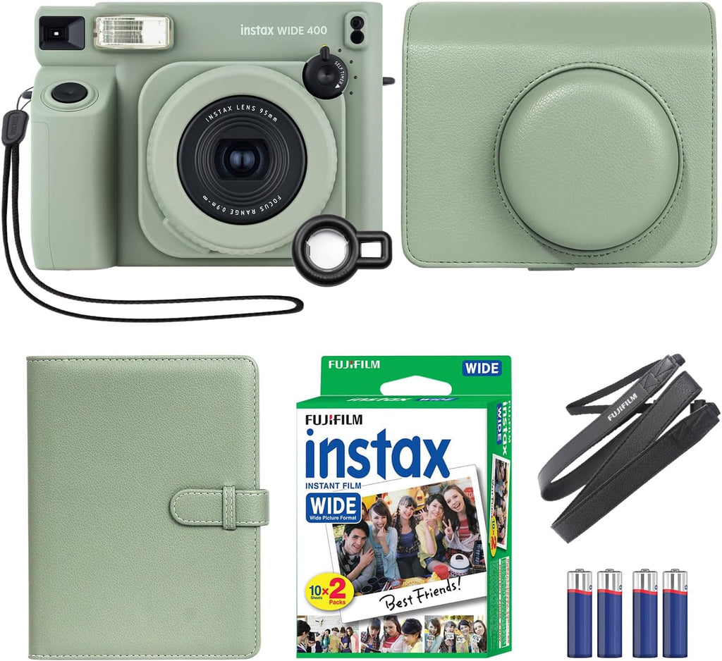 Fujifilm INSTAX Wide 400 Instant Camera Green + MiniMate Accessory Bundle & Compatible Custom Case + Fuji Film Value Pack 20 Sheets Accessories Bundle with Album