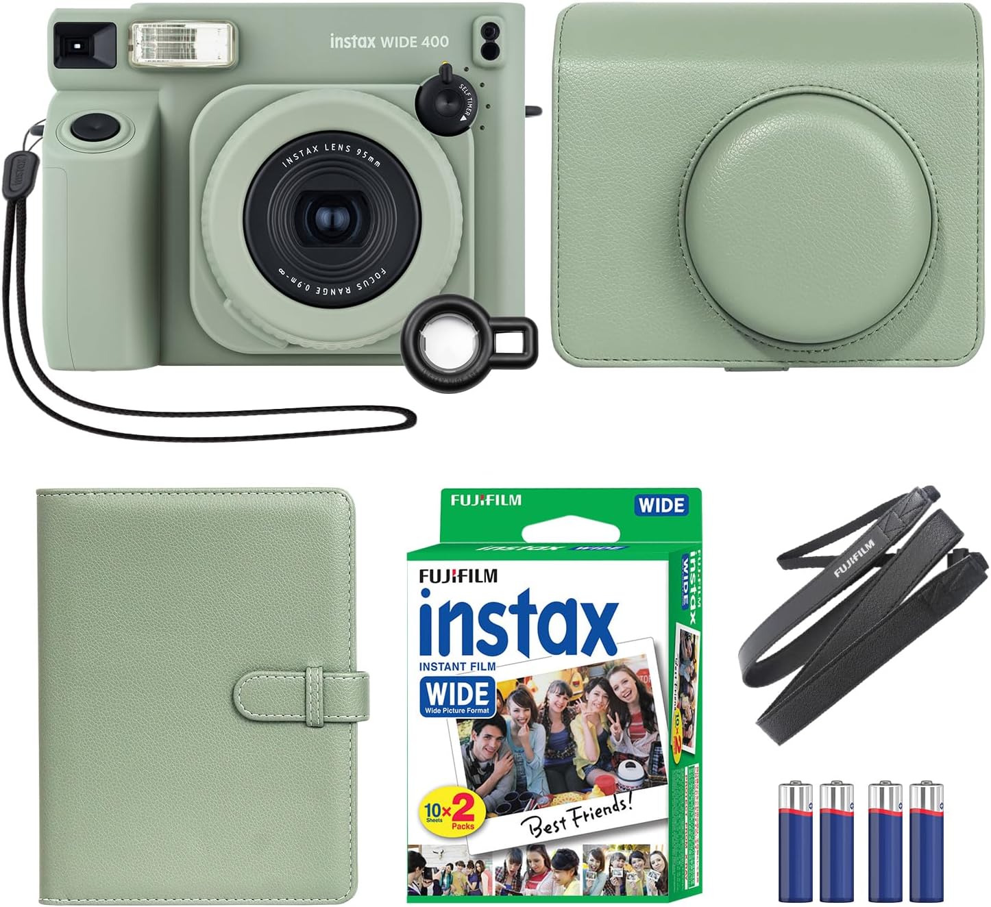 Fujifilm INSTAX Wide 400 Instant Camera Green + MiniMate Accessory Bundle & Compatible Custom Case + Fuji Film Value Pack 20 Sheets Accessories Bundle with Album