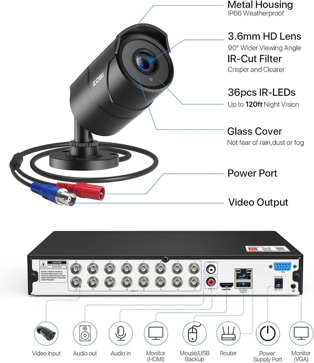 ZOSI 16CH 3K Lite Security Camera System with Audio, AI Human/Vehicle Detection, Night Vision, 8 x 1080P Metal Weatherproof Wired Cameras, 16 Channel Surveillance DVR for 24/7 Recording (NO HDD)
