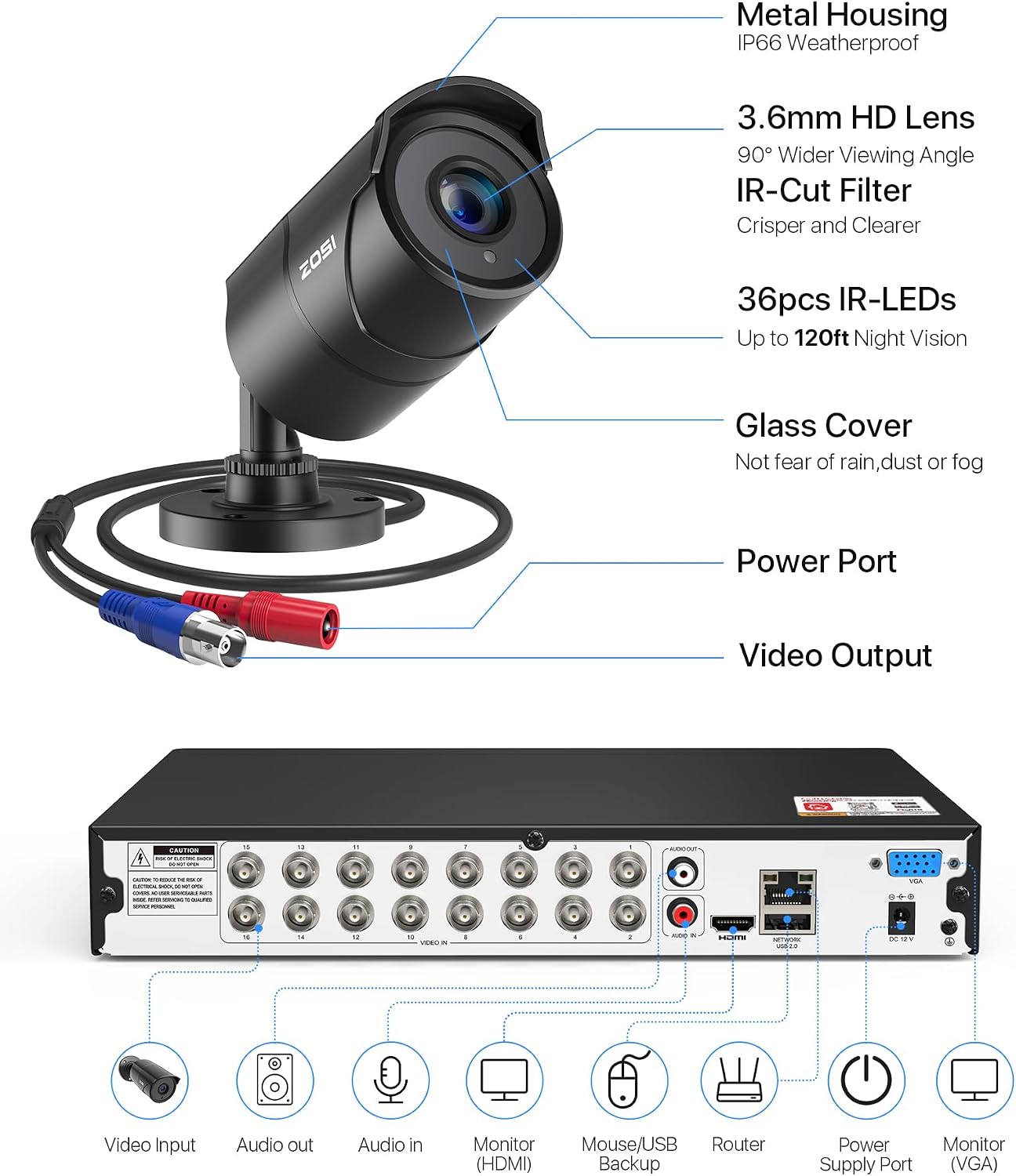 ZOSI 16CH 3K Lite Security Camera System with Audio, AI Human/Vehicle Detection, Night Vision, 8 x 1080P Metal Weatherproof Wired Cameras, 16 Channel Surveillance DVR for 24/7 Recording (NO HDD)