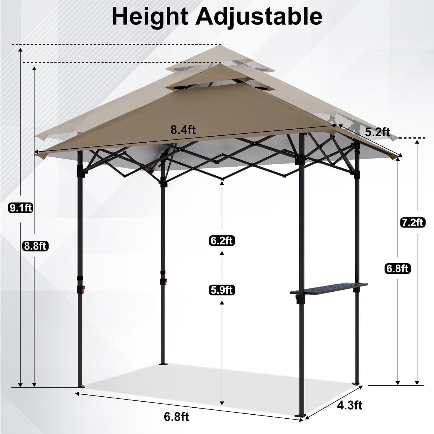 ABCCANOPY 8x5 Pop Up Grill Gazebo - Outdoor BBQ Canopy with Shelf & Sidewall, Portable Barbeque Shelter with 2 Magnetic LED Lights, Carry Bag for Patio Garden Events Picnic Grilling, Khaki