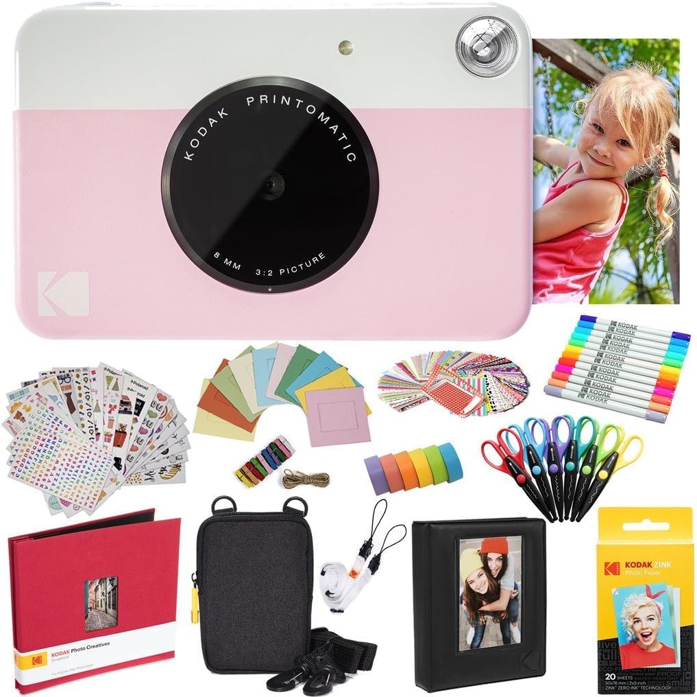 Kodak Printomatic Instant Camera (Pink) All-in-Bundle + Zink Paper (20 Sheets) + Deluxe Case + Photo Album + 7 Sticker Sets + Markers + Scissors and More