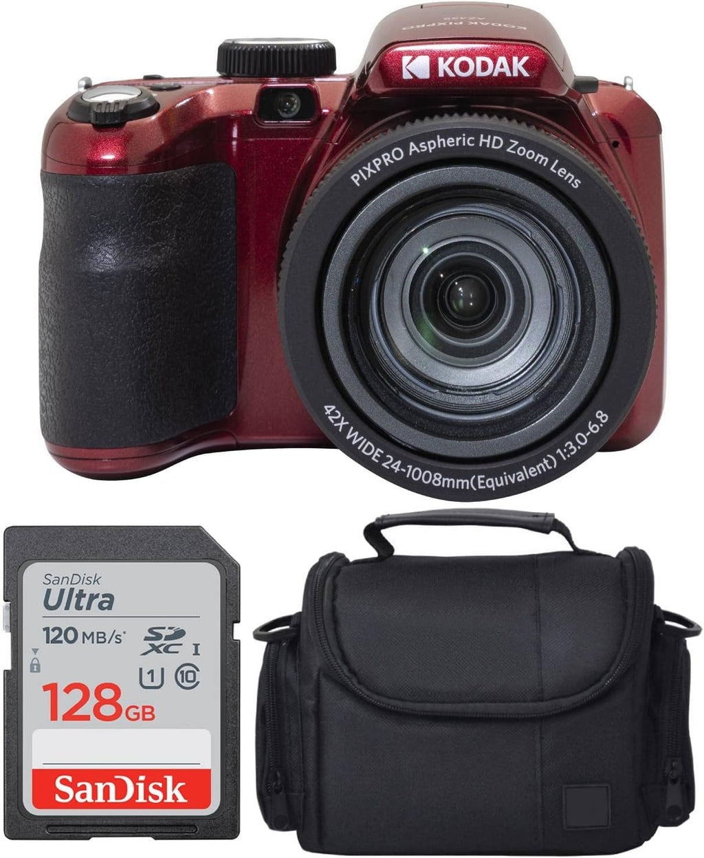 Kodak PIXPRO AZ425 Digital Camera 42X Optical Zoom (Red), Camera Case, 128GB Memory Card