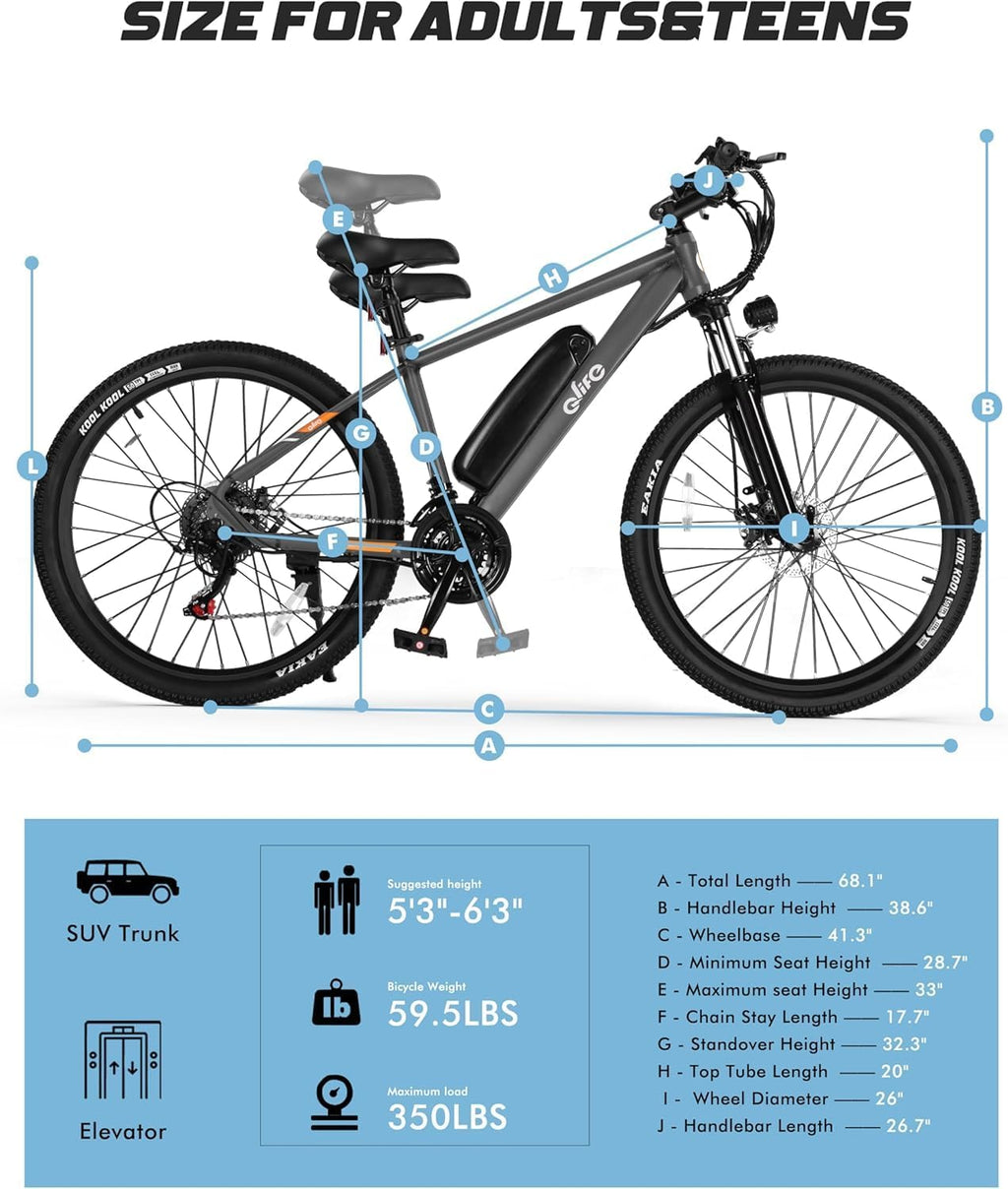 Qlife Racer Electric Bike for Adults - 21-Speed Mountain Lightweight Ebike with Peak 1000W/750W 25MPH/22MPH Brushless Motor, 375Wh Removable Battery, 26X2.1 Tire Step Over E-MTB, Up to 40 Miles