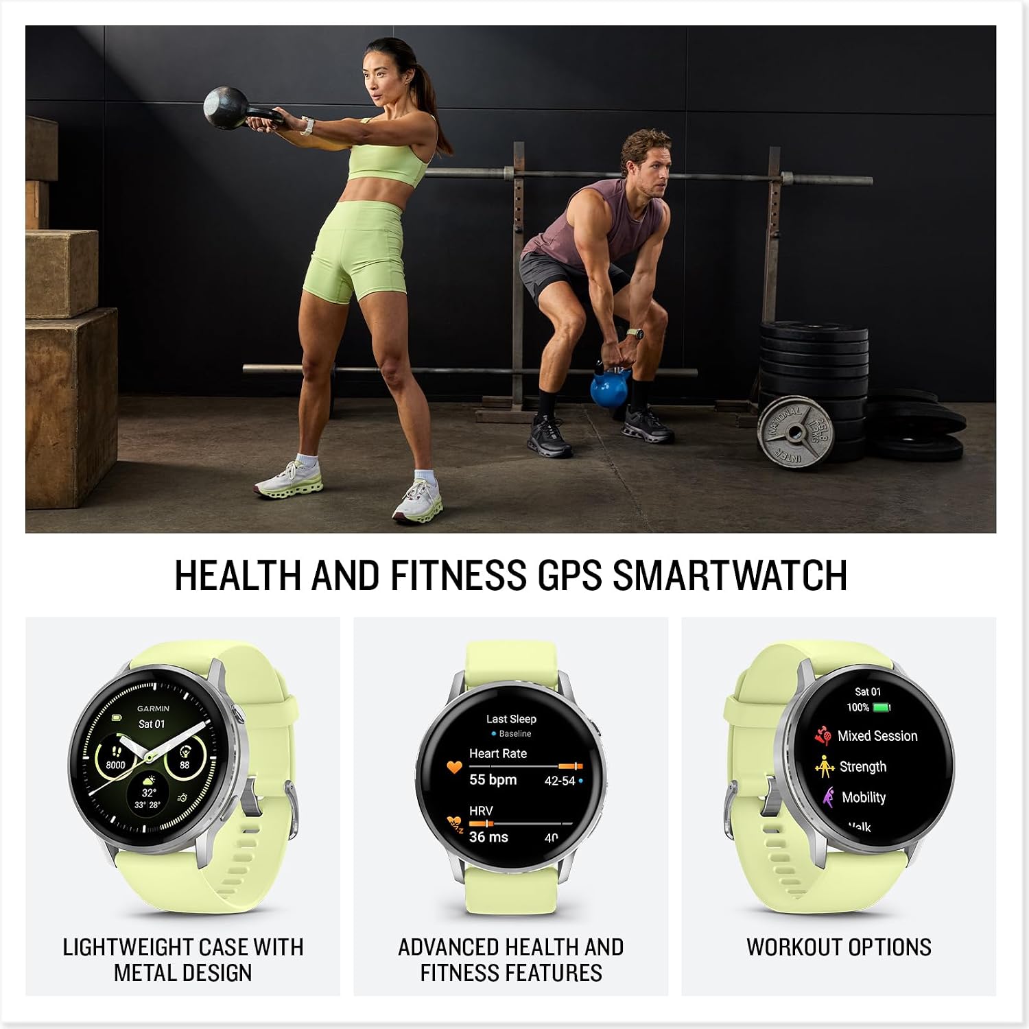 Garmin Venu® 4, 45mm, Advanced Health and Fitness GPS Smartwatch, Bright and Colorful Display, Built-in Flashlight, 12 Days of Battery Life, Silver with Citron Silicone Band