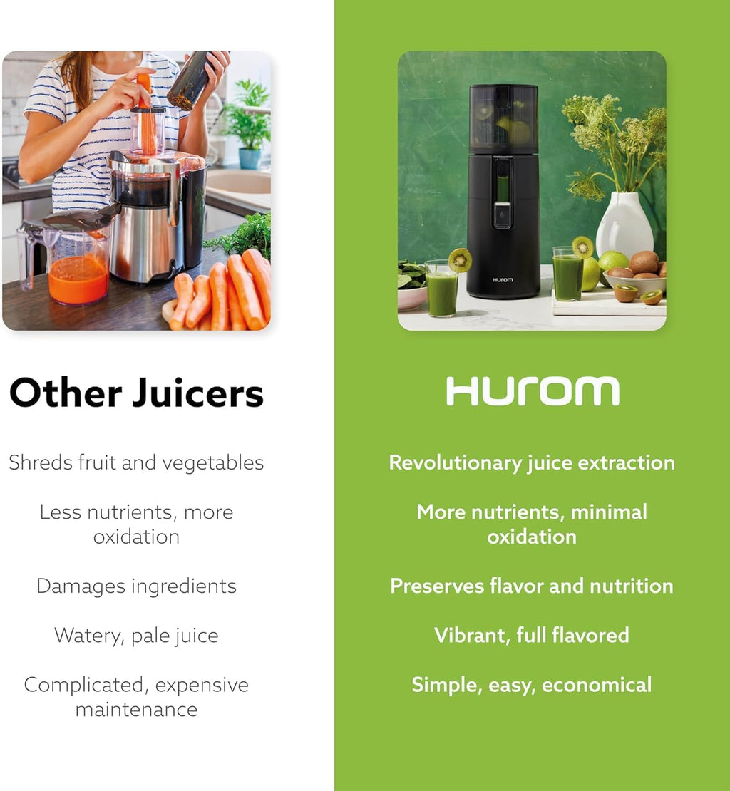 Hurom H400 Easy Clean Slow Juicer, Matte Black | Hands Free | Hopper Fits Whole Produce | Quiet Motor | BPA Free | Easy Assembly | Healthy Living | Cold Press Masticating Juicer (Titanium)
