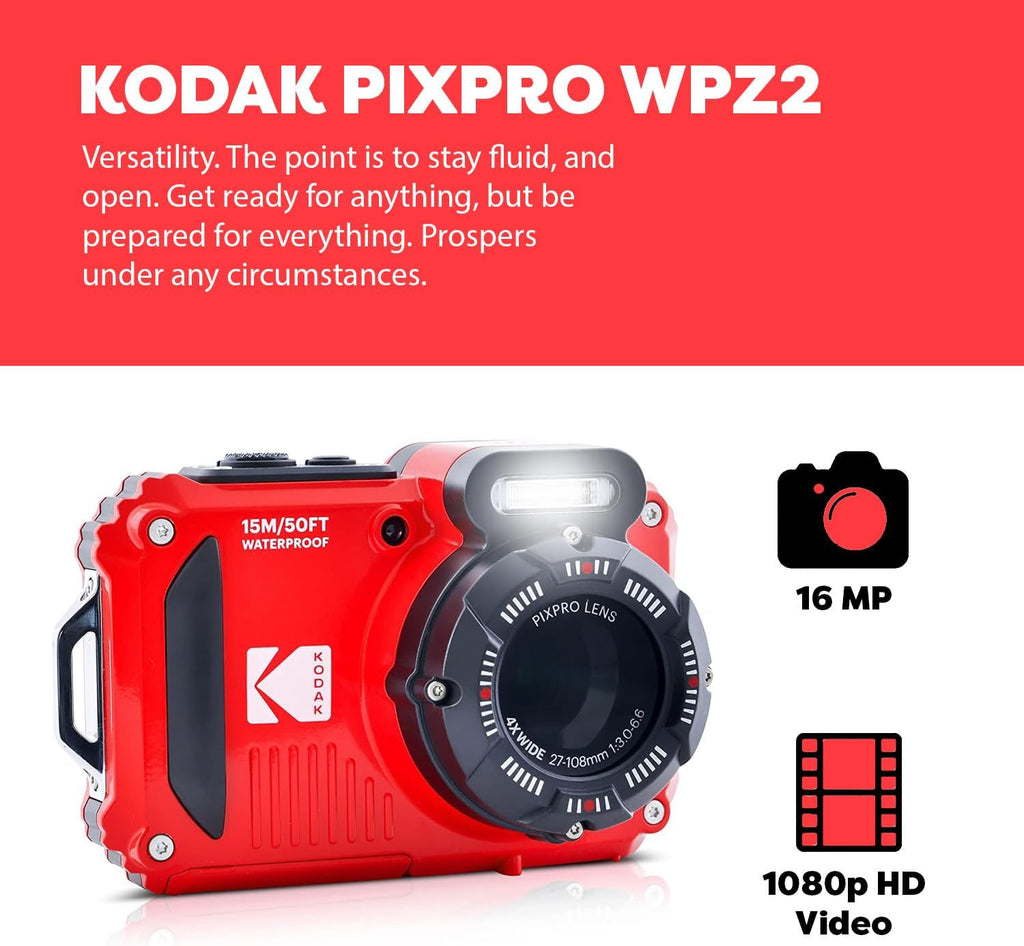 Kodak PIXPRO WPZ2 Rugged Waterproof Shockproof Digital Camera 16MP 4X Optical Zoom 1080P Full HD Video, 2.7' LCD (Red) Bundle with Camera Case, SanDisk 32GB microSDHC Card (4 Items)