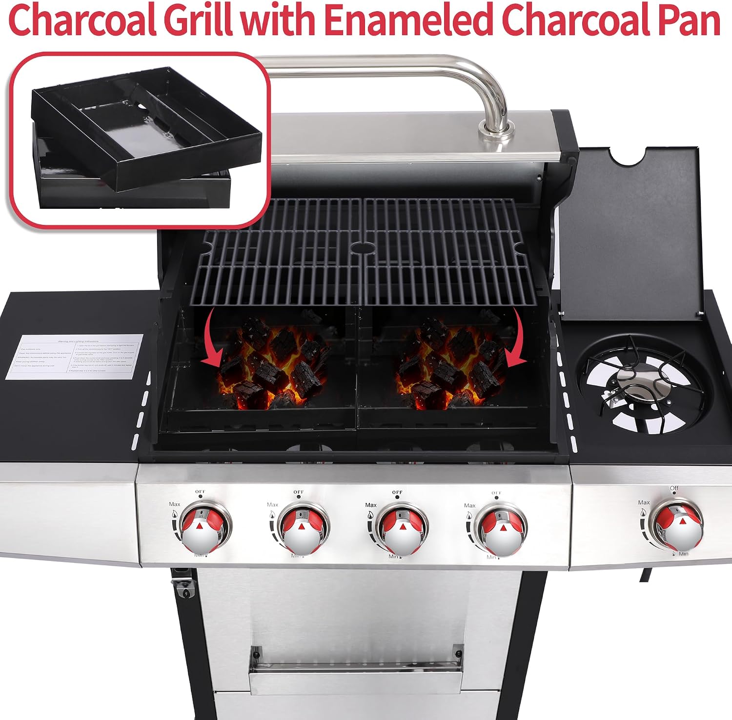 4-Burner Gas Grill with Side Burner, 49,000 BTU, Outdoor BBQ Grill with Cast Iron Grates, Griddle and Charcoal Pan, 3-in-1 Convertible Cooking, Easy-Clean System & Side Shelves