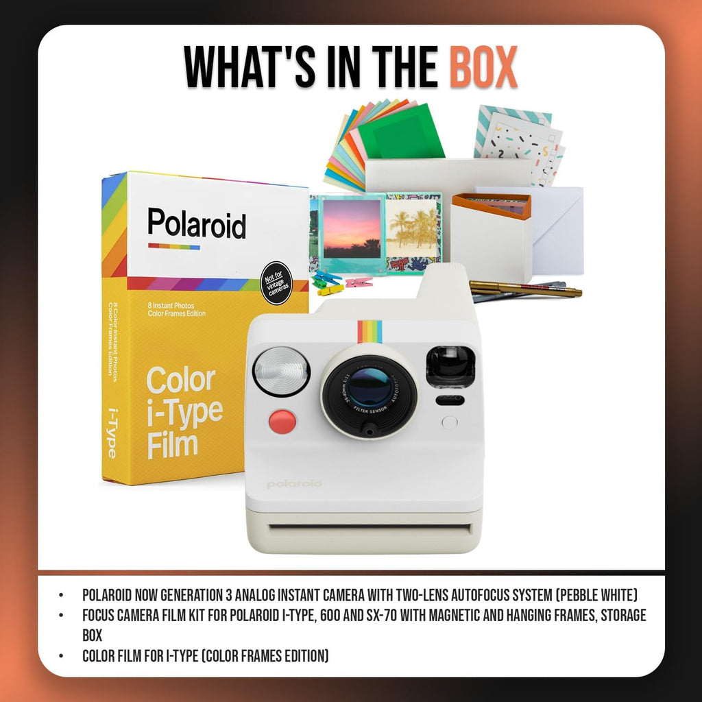 Polaroid Now Generation 3 Analog Instant Camera with Two-Lens Autofocus System (Pebble White) Bundle with Focus Camera Film Kit, and Color Film for i-Type (3 Items)