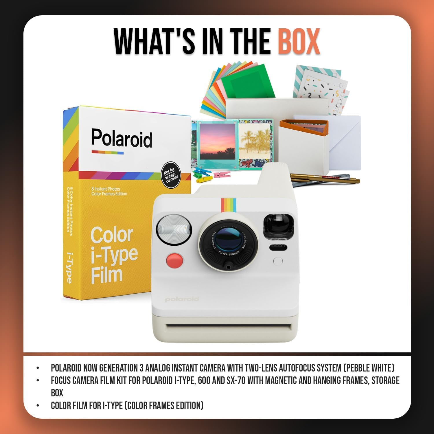 Polaroid Now Generation 3 Analog Instant Camera with Two-Lens Autofocus System (Pebble White) Bundle with Focus Camera Film Kit, and Color Film for i-Type (3 Items)