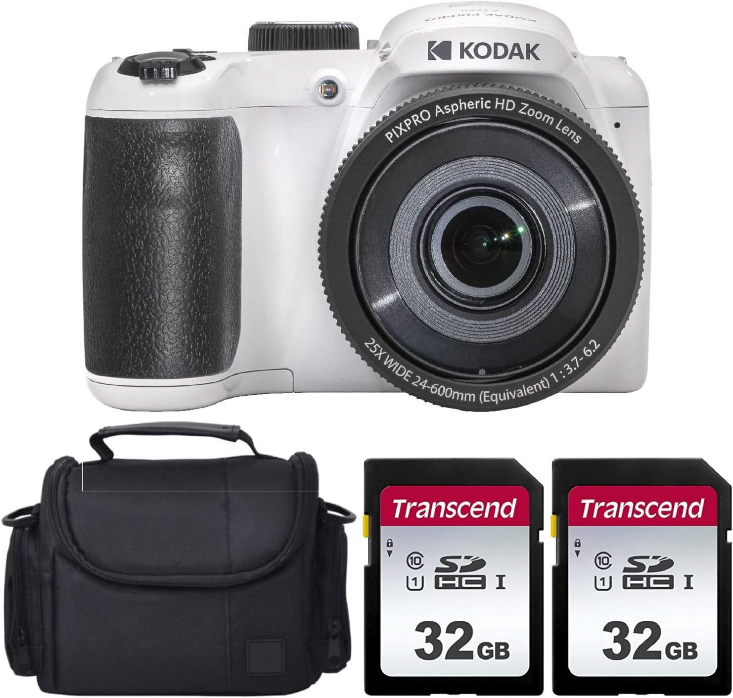 Kodak PIXPRO AZ255 Digital Camera (White) Bundle with 32GB Ultra UHS-I SDHC Memory Card (2) + Case (4 Items)