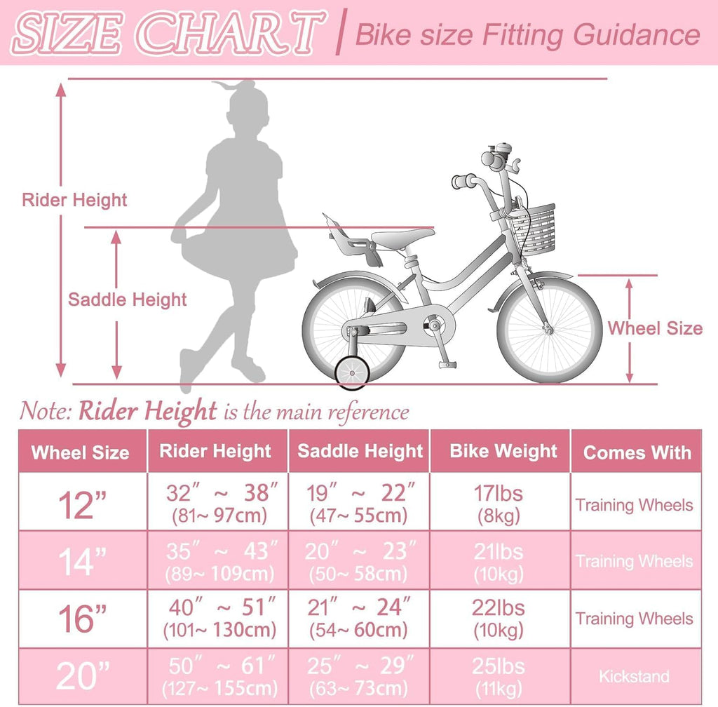 Glaf Toddler Girls Bike 12 14 16 20 Inch Girls Bike with Training Wheels Age 2-12 Years Old Bicycle Kids Bike with Basket and Doll Seat Adjustable Seat