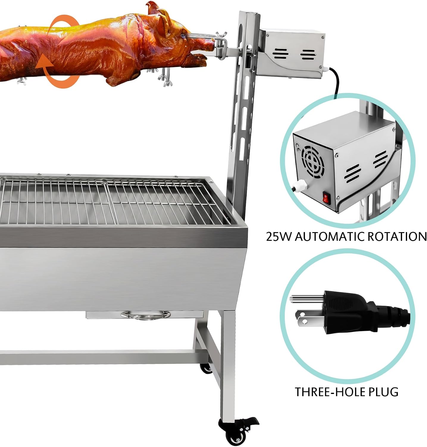 Rotisserie Grill Roaster With Back Cover Guard, 25W Motor Small Pig Lamb Roaster, 37 Inch Stainless Steel Charcoal Grill for Camping Outdoor BBQ, Silver, 132 LBS Without Baffle