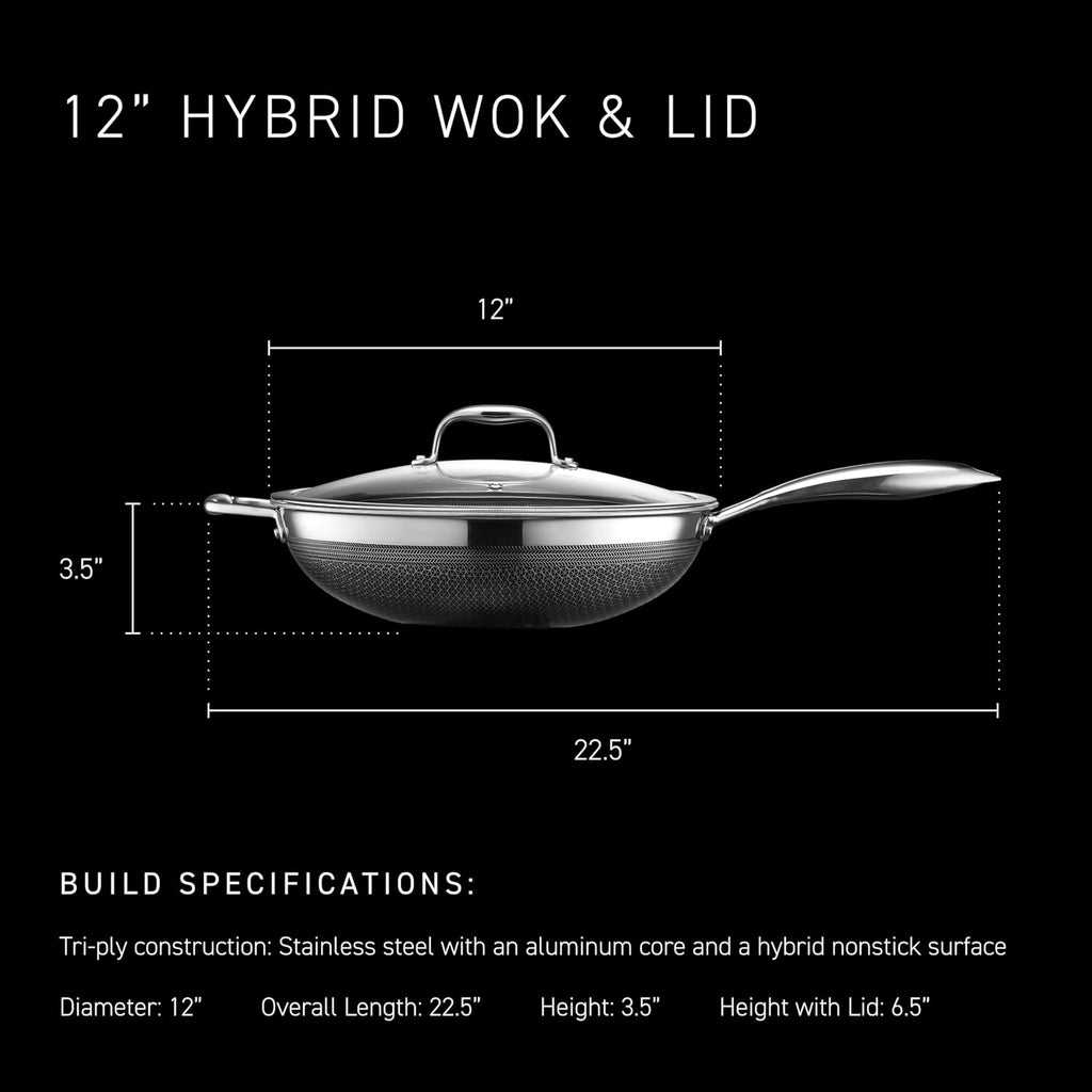 HexClad Hybrid Nonstick 12-Inch Wok, Stay-Cool Handle, Dishwasher-Friendly, Oven-Safe Up to 900°F, Induction Ready, Compatible with All Cooktops