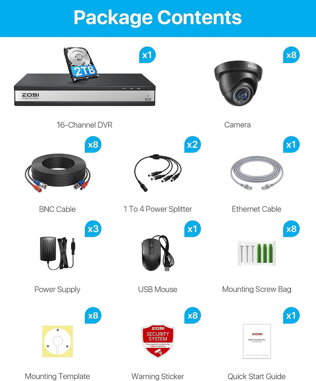 ZOSI 16 Channel Security Camera System 1080p, 2MP H.265+ Hybrid 16CH DVR with AI Human Vehicle Detect, 8 x 1080p CCTV Dome Camera Outdoor, 80ft Night Vision, 90° View Angle, Remote Access, 2TB HDD
