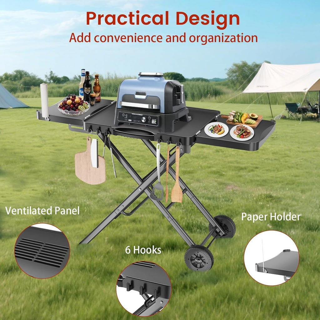 Hisencn Portable Grill Table Stand for Ninja Woodfire Outdoor Grill OG701 OG901 OG850 OG951, Pizza Oven Table Stand for Onni 12, Folding Camping Grill Table Cart for Blackstone 17'/22', with 2 Wheels