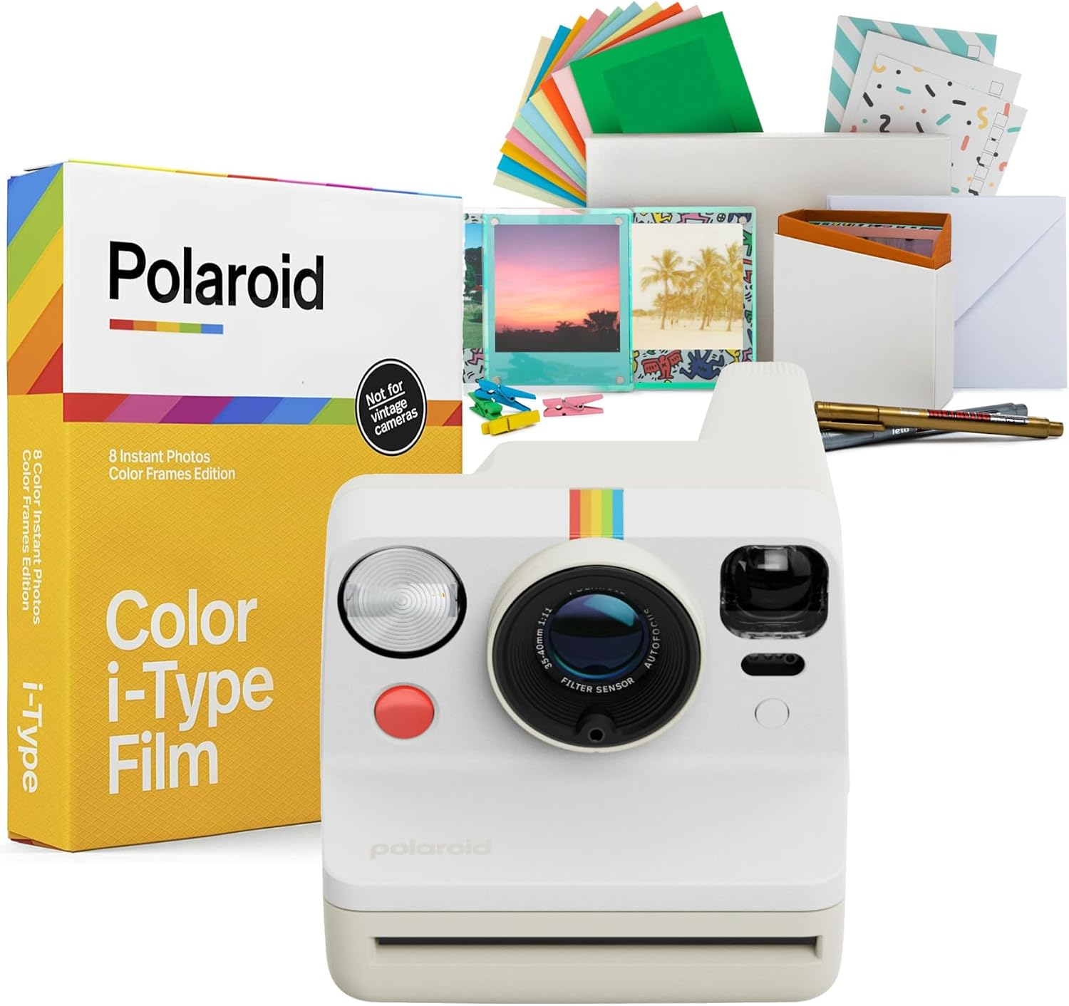 Polaroid Now Generation 3 Analog Instant Camera with Two-Lens Autofocus System (Pebble White) Bundle with Focus Camera Film Kit, and Color Film for i-Type (3 Items)