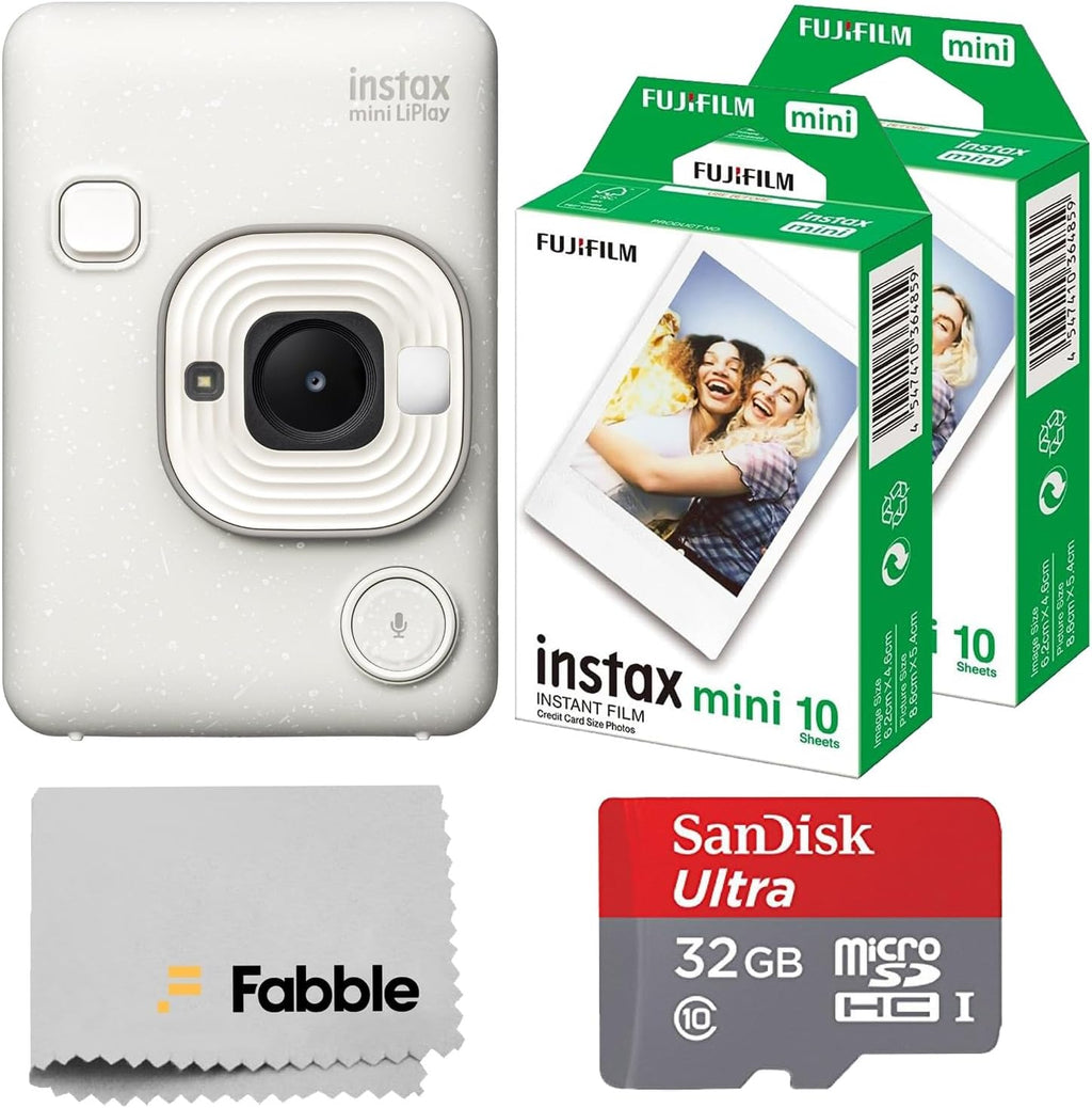 Fujifilm INSTAX Mini LiPlay Hybrid Instant Camera Bundle with 20 Sheets INSTAX Mini Film, 32GB microSD Card, USB Charging Cable, Hand Strap, Cleaning Cloth (Misty White)