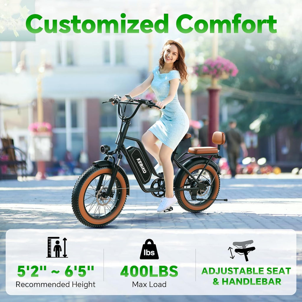 bluebiko 2 Seater Electric Bike, 48V 20AH(𝟗𝟔𝟎𝐖𝐇) Large Removable Battery, 𝟏𝟑𝟎𝟎𝐖 Peak Motor, 20'x 4.0' Fat Tire Ebike for Adults, 80+Miles, City Couple E Bike for All Terrain