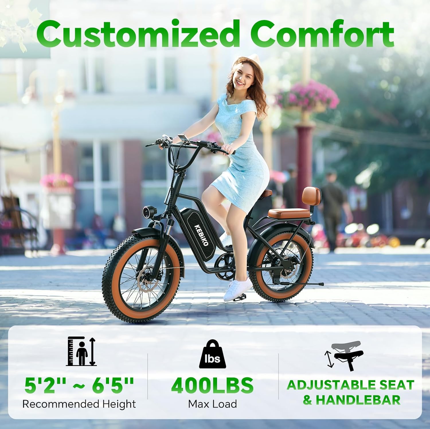 bluebiko 2 Seater Electric Bike, 48V 20AH(𝟗𝟔𝟎𝐖𝐇) Large Removable Battery, 𝟏𝟑𝟎𝟎𝐖 Peak Motor, 20'x 4.0' Fat Tire Ebike for Adults, 80+Miles, City Couple E Bike for All Terrain