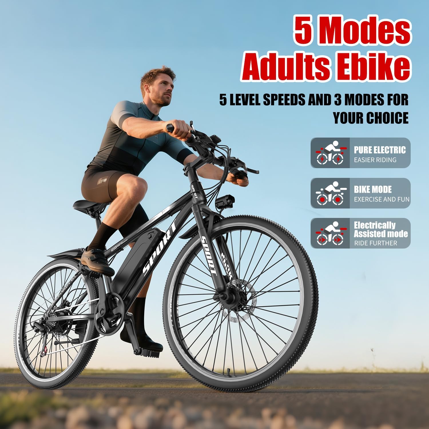 Electric Bike for Adults, 750W Electric Mountain Bike with 7-Speed and Front Suspension, 20 mph Folding Bike, 40 Miles PAS Range, 26' Tire