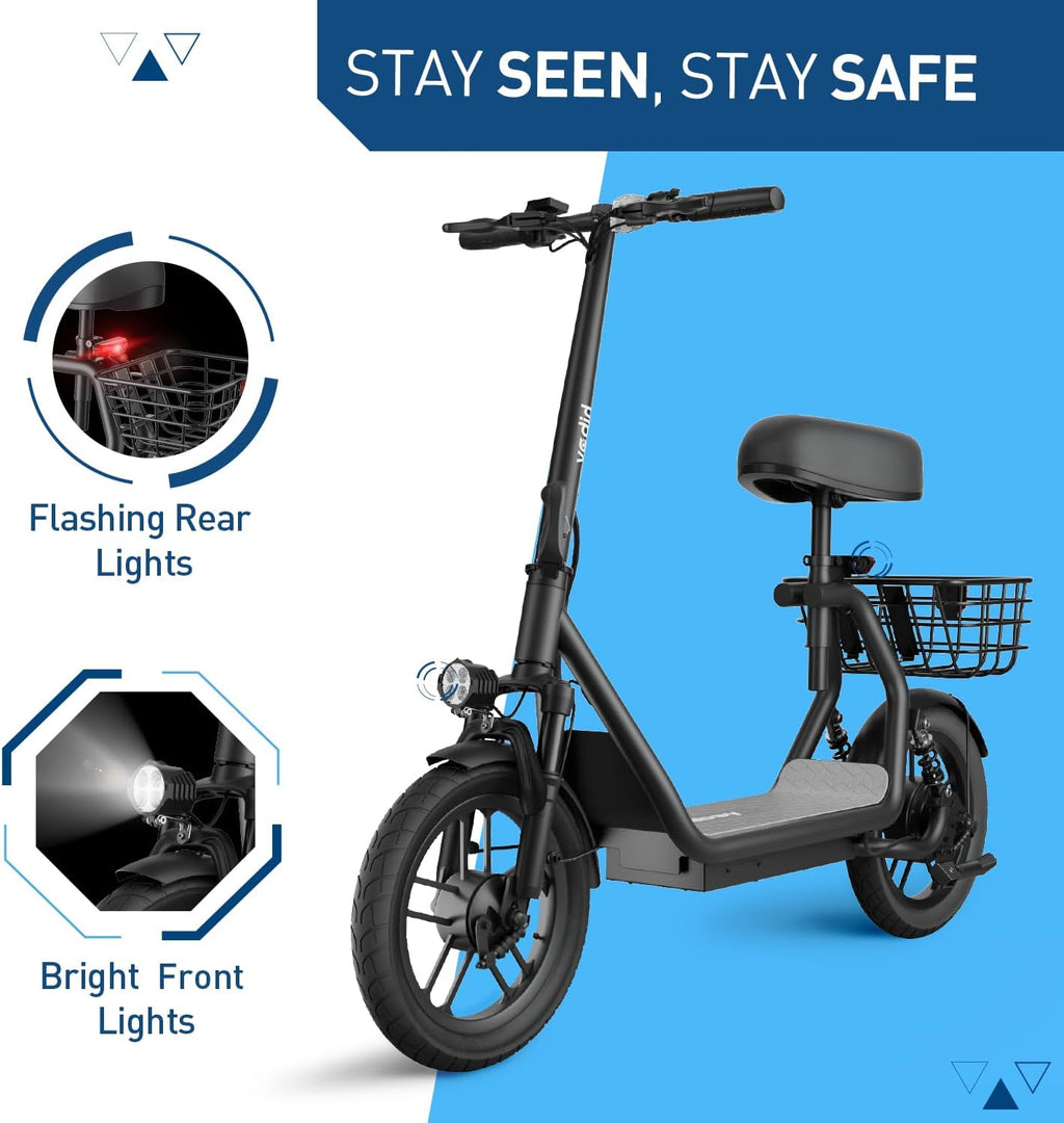 Hiboy Q2/U2 Adult Electric Scooter with Seat & Phone Holder – 500W Motor, 22mi Range, 14' Wheels, Dual Suspension, Neon Lights, Foldable for Commute, Flame