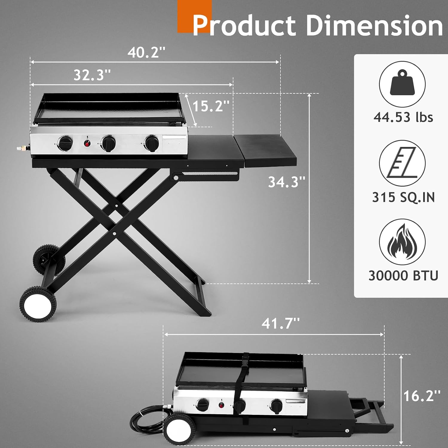 Outvita 3 Burner Foldable Propane Griddle with Wheels & Enameled Tray, 30000 BTU Portable Flat Top Gas Grill with Electronic Ignition & Regulator for Outdoor Cooking Camping BBQ Tailgating Picnicking