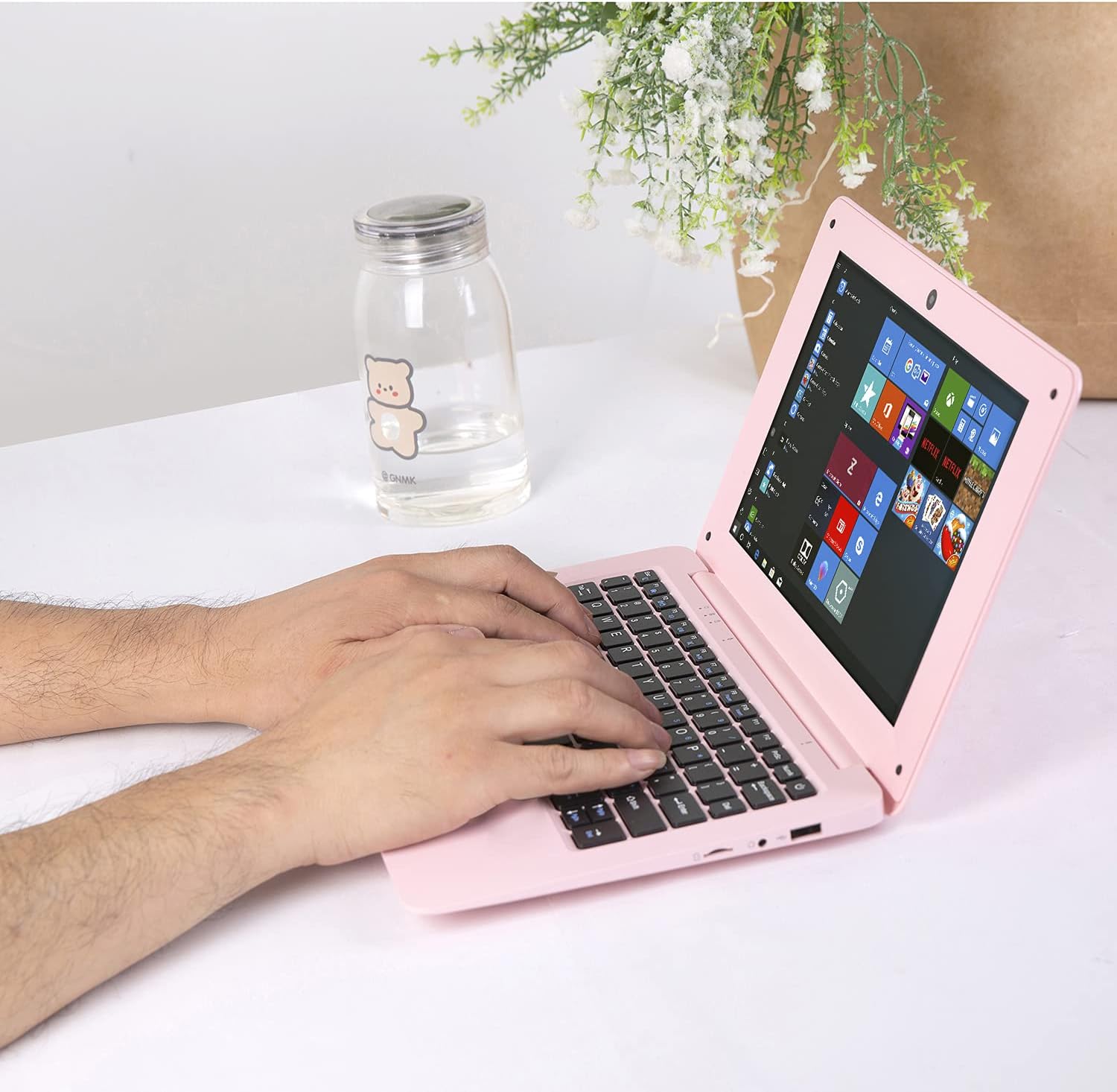 Windows 10 Computer Laptop Mini 10 Inch 32GB Ultra Thin and Light Netbook Quad Core CPU PC HDMI WiFi USB YouTube (Light Pink)