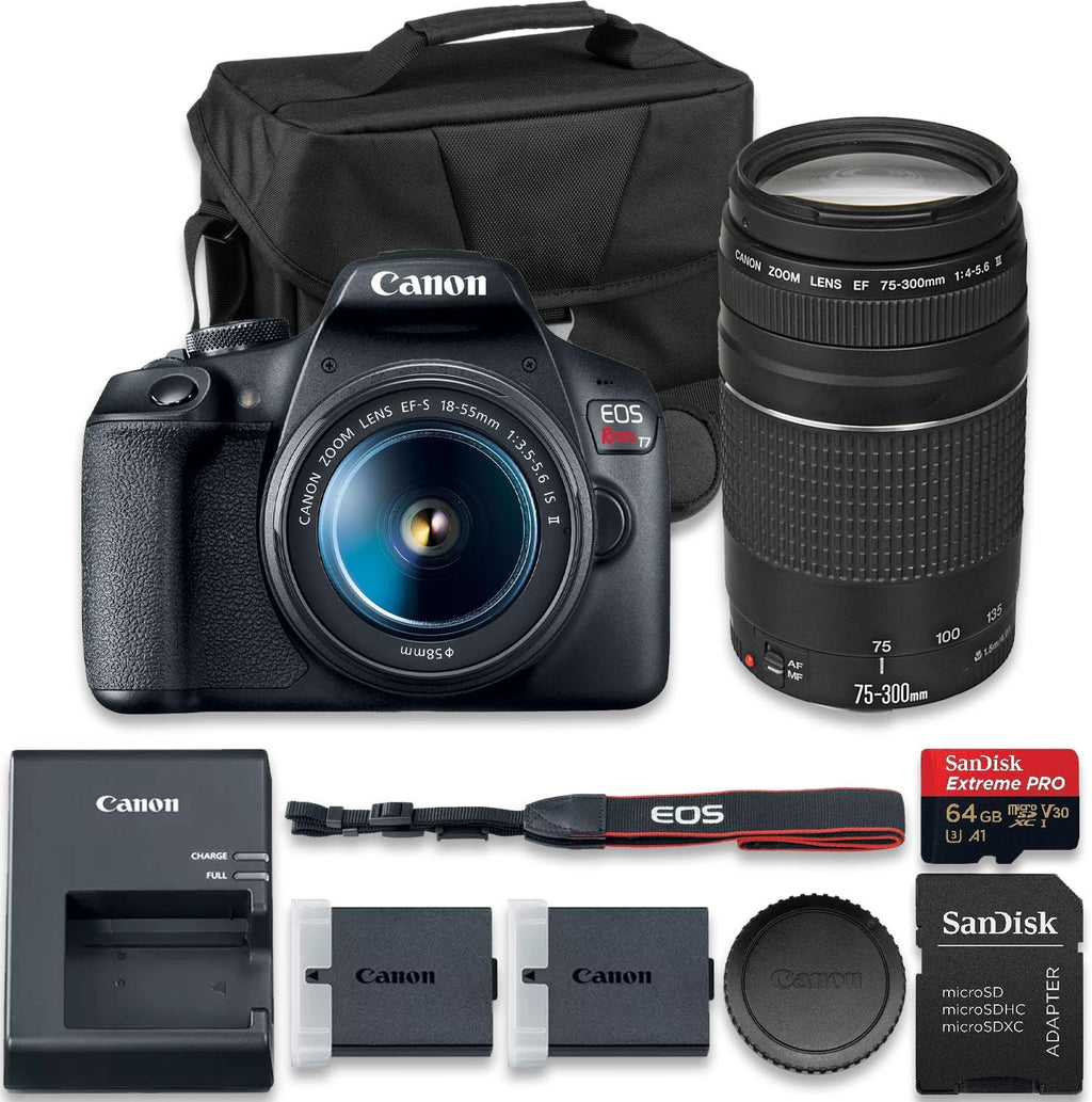 Canon EOS Rebel T7 DSLR Camera with EF-S 18-55mm f/3.5-5.6 is II and EF 75-300mm f/4-5.6 III Lens + Extra LP-E10 Battery + SanDisk Extreme Pro 64GB + Camera Case + More(16pc Bundle)