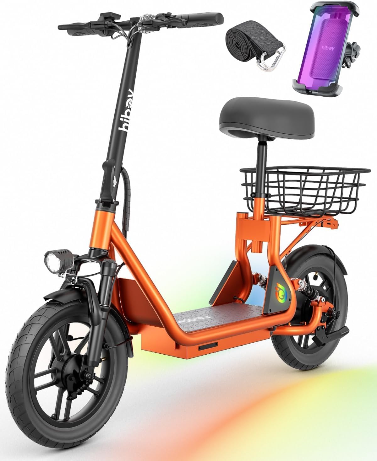 Hiboy Q2/U2 Adult Electric Scooter with Seat & Phone Holder – 500W Motor, 22mi Range, 14' Wheels, Dual Suspension, Neon Lights, Foldable for Commute, Flame