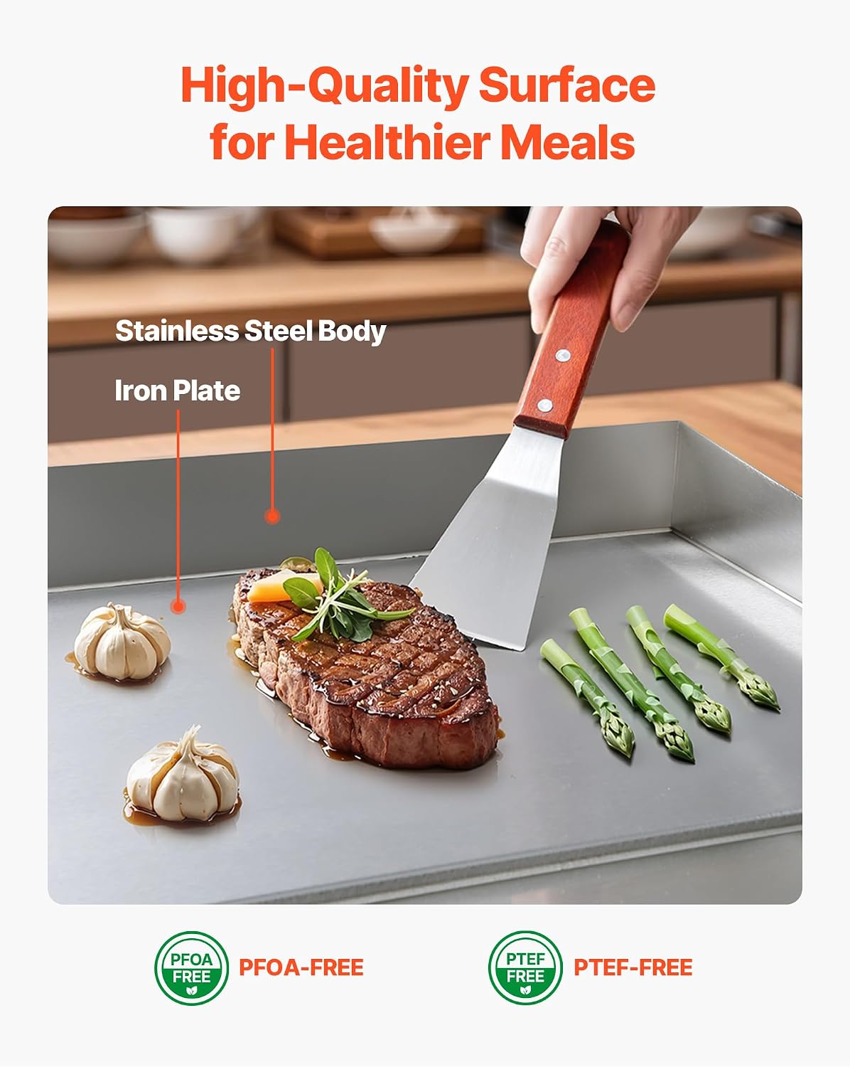 VEVOR Commercial Electric Griddle, 28.54 x 15.75 in, 4400W, 122-570°F Adjustable Temp Control, Stainless Steel Countertop Full Flat Top Grill with 2 Spatulas, 2 Brushes, for Steak, Pancake(NO PLUG)